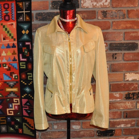 ANTONIO D'ERRICO Tailored Zip-up Jacket Metallic Shiny Yellow Mesh Gold Italy 48 - Picture 5 of 9